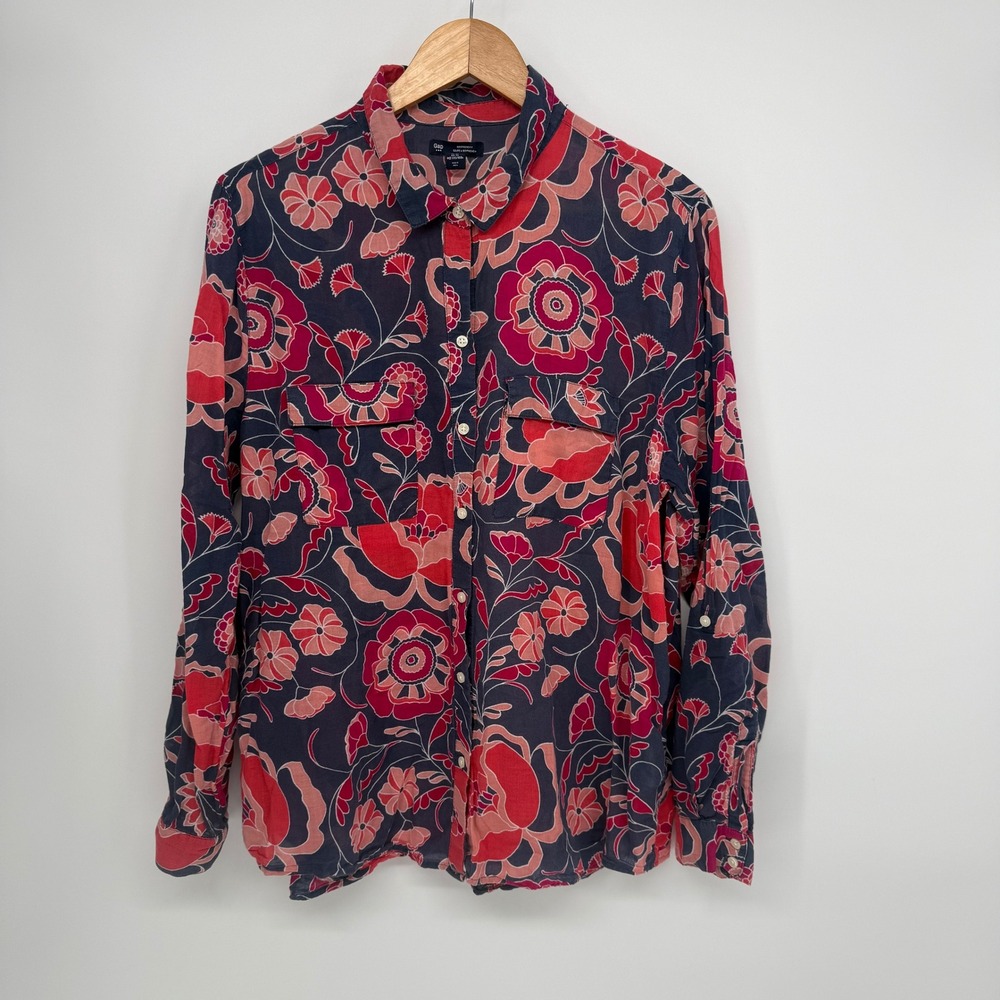 Gap Womens XL Boyfriend Fit Floral Button Down Shirt Semi Sheer Cotton Navy Red